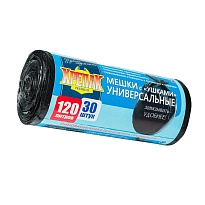 Мешки для мусора 120 л, с ушками, черные, в рулоне 30 шт., ПНД, 15 мкм, 1100х700 мм, Крепак, 4607075710375 в Армавире